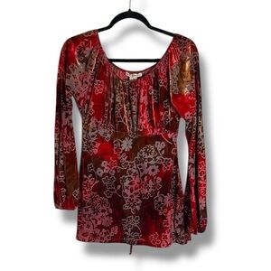 90s Y2K Vintage Red Velvet Burnout Tie Back Blouse Size Small